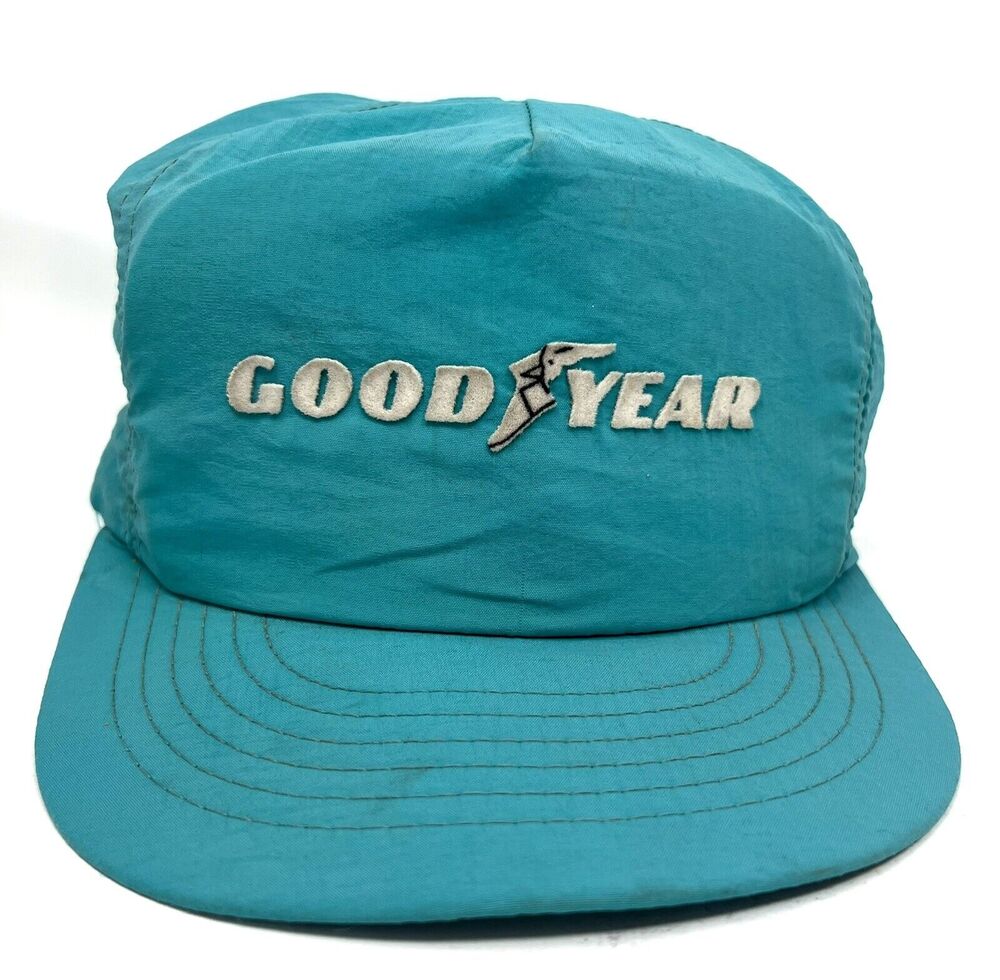 Vintage Goodyear Nylon Snapback Hat Cap USA 80's Turquoise Blue Bright Swingster